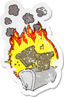 adesivo retrô angustiado de uma torradeira em chamas de desenho animado png