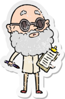 distressed sticker of a cartoon curious man with beard and sunglasses png