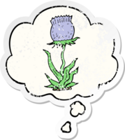 cartoon wild flower and thought bubble as a distressed worn sticker png