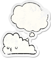 niedliche Cartoon-Wolke und Gedankenblase als beunruhigter, abgenutzter Aufkleber png