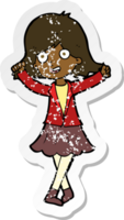retro distressed sticker of a cartoon happy girl png