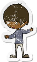 retro distressed sticker of a cartoon boy with outstretched arms png