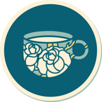 pegatina estilo tatuaje de una taza y flores png