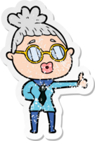 distressed sticker of a cartoon woman wearing spectacles png