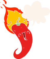 cartoon flaming hot chili pepper and speech bubble in retro style png