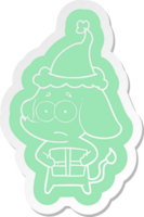 cartoon  sticker of a unsure elephant with christmas present wearing santa hat png