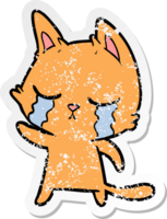 distressed sticker of a crying cartoon cat pointing png