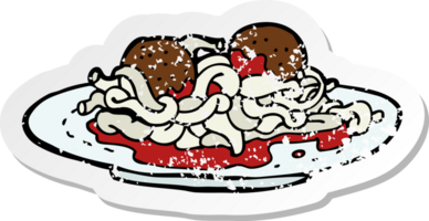 retro distressed sticker of a cartoon spaghetti and meatballs png