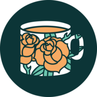 tattoo style icon of a cup and flowers png