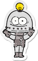 distressed sticker of a happy carton robot with light bulb png