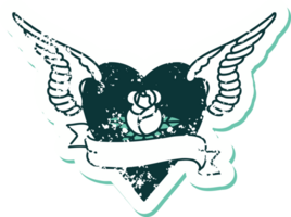 icono de estilo de tatuaje de pegatina angustiado de un corazón con alas, una rosa y una pancarta png