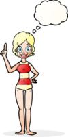 dessin animé femme en maillot de bain rayé avec bulle de pensée png