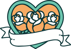 tattoo style icon of a heart and banner with flowers png