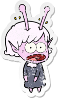 distressed sticker of a cartoon shocked alien girl png