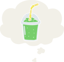 smoothie glacé de dessin animé et bulle de pensée dans un style rétro png