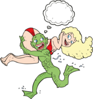 cartoon swamp monster carrying girl in bikini with thought bubble png