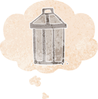 cartoon garbage can and thought bubble in retro textured style png