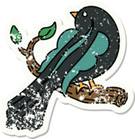 Distressed Sticker Tattoo im traditionellen Stil eines Vogels auf einem Ast png