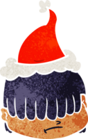 hand drawn retro cartoon of a face with hair over eyes wearing santa hat png