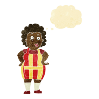 tecknad serie kvinna i kök förkläde med trodde bubbla png