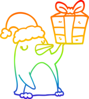 rainbow gradient line drawing of a cartoon penguin with christmas present png