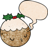 cute cartoon christmas pudding with speech bubble in retro texture style png