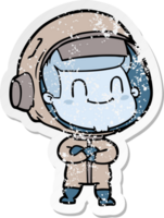 distressed sticker of a happy cartoon astronaut man png