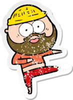 distressed sticker of a cartoon surprised bearded man dancing png