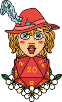 Retro Tattoo Style human bard with natural 20 dice roll png