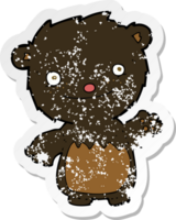 retro distressed sticker of a cartoon waving black bear cub png