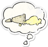 cartoon dropped ice cream with thought bubble as a distressed worn sticker png