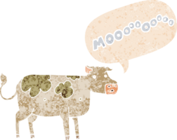 dibujos animados vaca con habla burbuja en grunge afligido retro texturizado estilo png