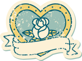 icónica imagen de estilo de tatuaje de pegatina angustiada de una rosa de corazón y pancarta png