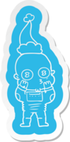 quirky cartoon  sticker of a weird bald spaceman wearing santa hat png