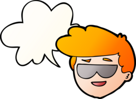 cartoon boy wearing sunglasses with speech bubble in smooth gradient style png