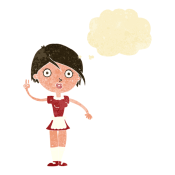 caricatura, camarera, elaboración, mano, gesto, con, pensamiento, burbuja png