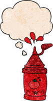 cartoon ketchup bottle with thought bubble in grunge texture style png