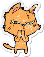 distressed sticker of a tough cartoon cat png