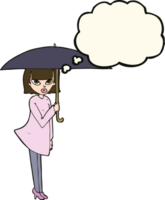 tecknad serie kvinna med paraply med trodde bubbla png