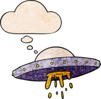 cartoon flying UFO with thought bubble in grunge texture style png