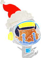 main tiré rétro dessin animé de une pleurs astronaute portant Père Noël chapeau png