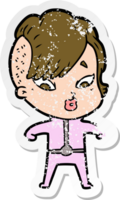 distressed sticker of a cartoon surprised girl in science fiction clothes png