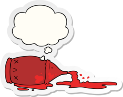 cartoon spilled bottle with thought bubble as a printed sticker png