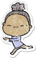 distressed sticker of a cartoon peaceful old woman png