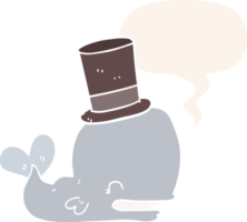 cartoon whale wearing top hat with speech bubble in retro style png