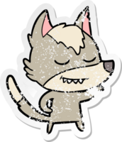 distressed sticker of a friendly cartoon wolf png