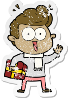 distressed sticker of a cartoon excited man with present png