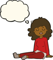 mujer feliz de dibujos animados sentada en el piso con burbuja de pensamiento png