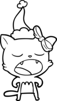 hand drawn line drawing of a cat meowing wearing santa hat png