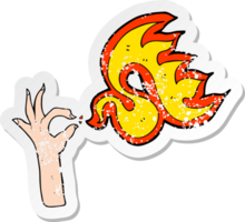 pegatina retro angustiada de una mano de dibujos animados y símbolo de fuego png